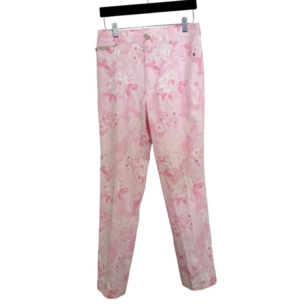 Escada Pink Floral Print Straight Leg High Rise Pants Women’s Size 40